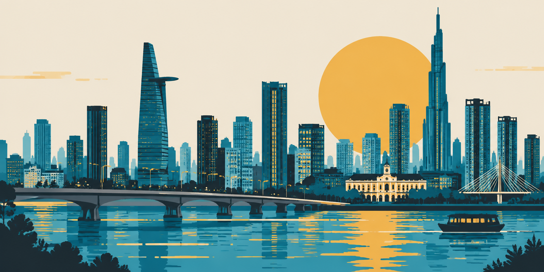 Stylized illustration of the Ho Chi Minh City skyline and Saigon River in Serafina's brand colors